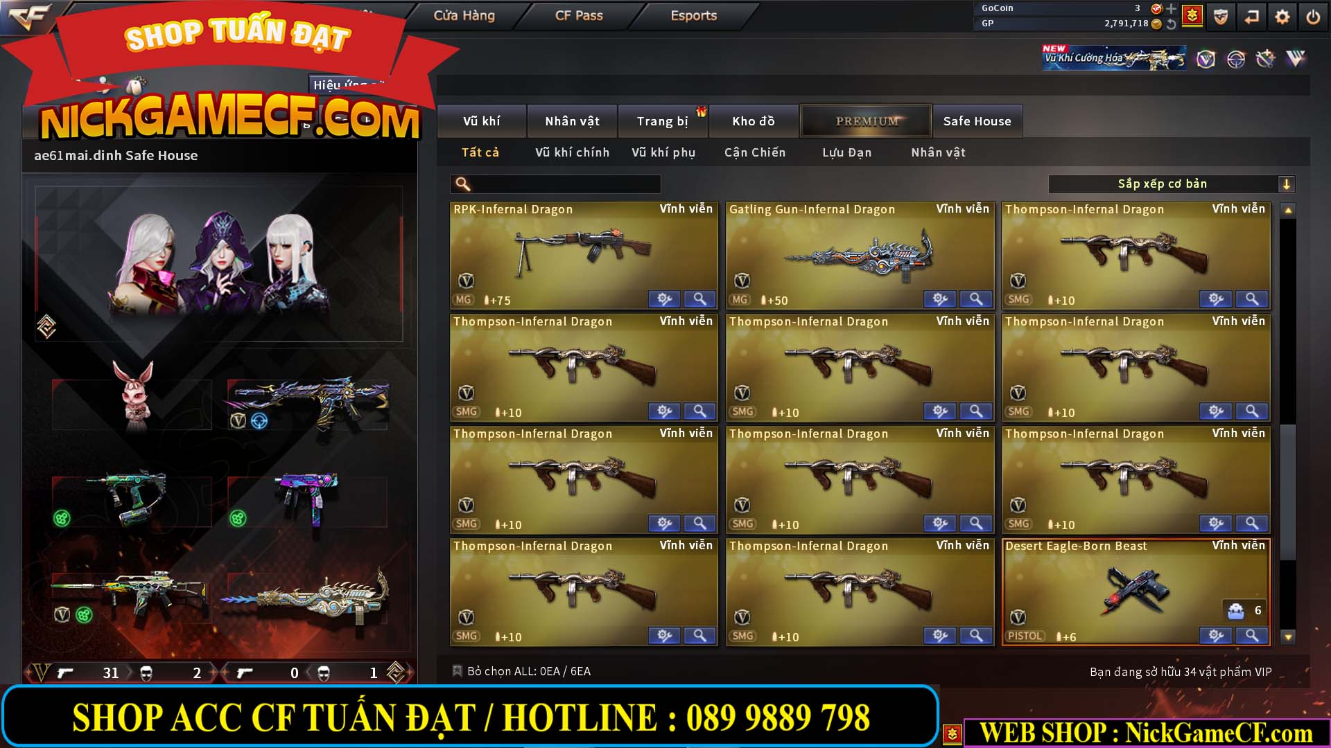 MÃ CF14705 - GIÁ : 8888K - CHIẾN ZOM XỊN - C4 XINH - 34 VIP - VIP6 WEB