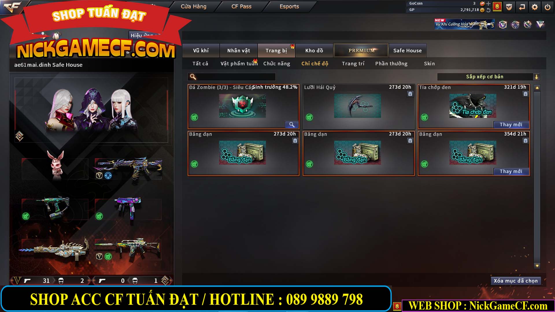 MÃ CF14705 - GIÁ : 8888K - CHIẾN ZOM XỊN - C4 XINH - 34 VIP - VIP6 WEB