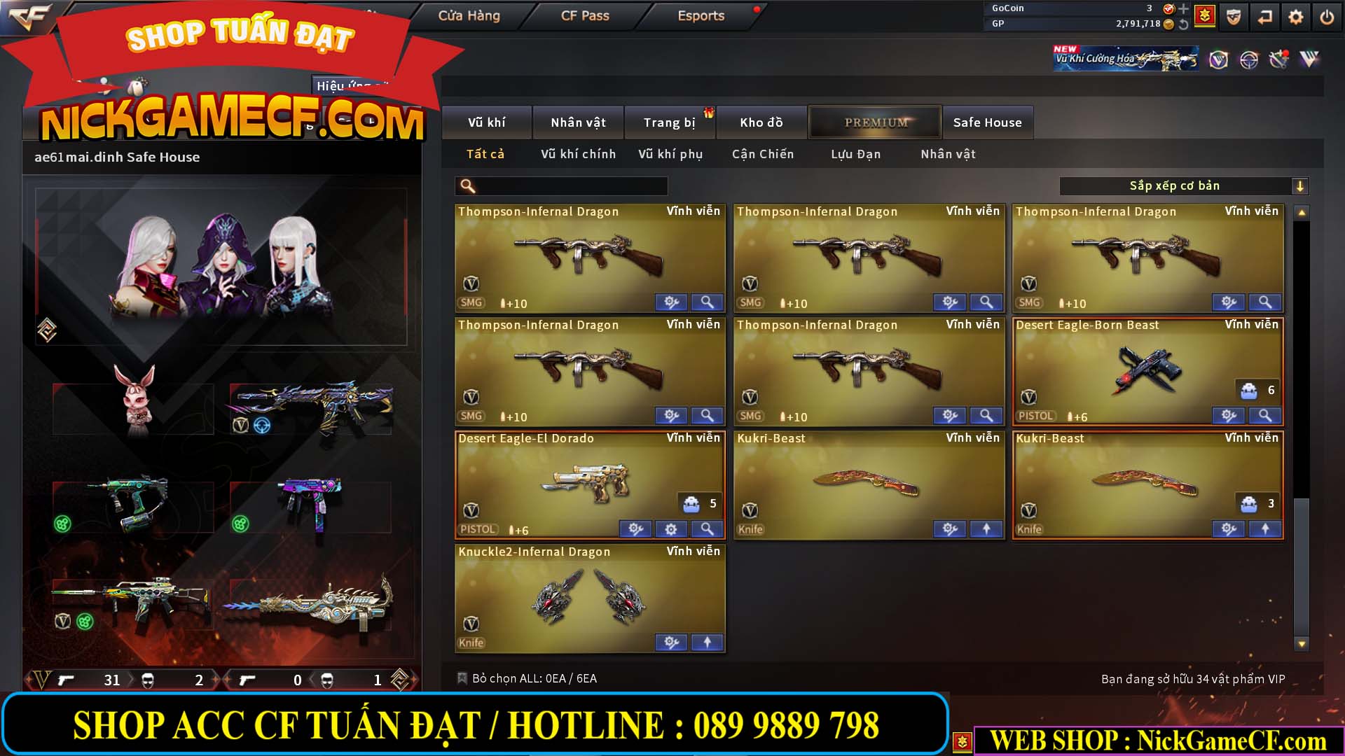 MÃ CF14705 - GIÁ : 8888K - CHIẾN ZOM XỊN - C4 XINH - 34 VIP - VIP6 WEB