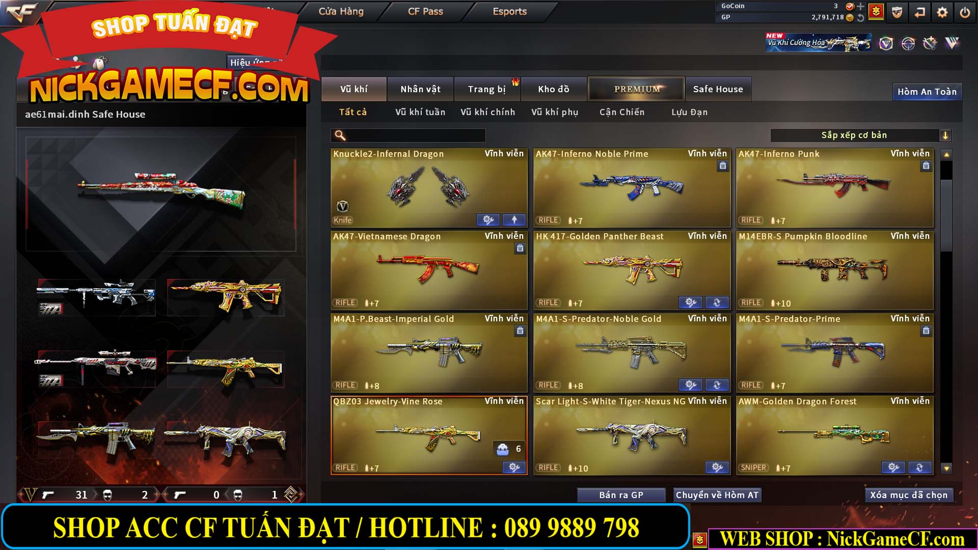 MÃ CF14705 - GIÁ : 8888K - CHIẾN ZOM XỊN - C4 XINH - 34 VIP - VIP6 WEB