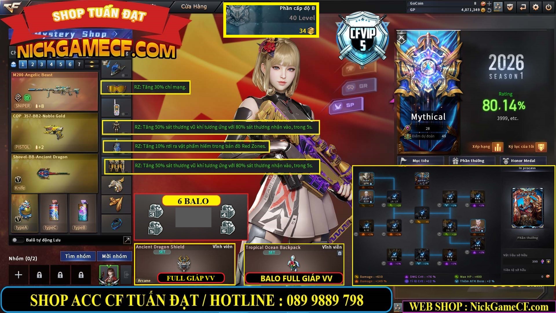 MÃ CF14959 - GIÁ : 3650K - CHIẾN C4 XỊN XÒ - 18 VIP - VIP5